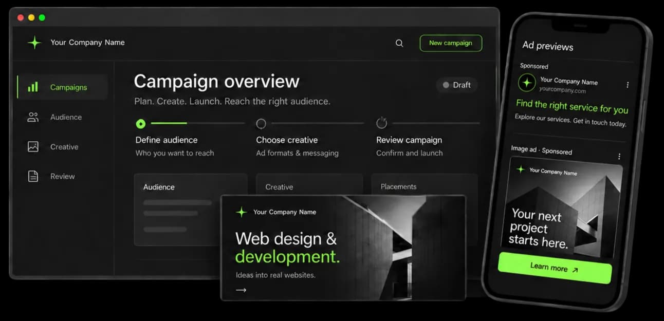 Campaign dashboard and a phone showing an ad preview