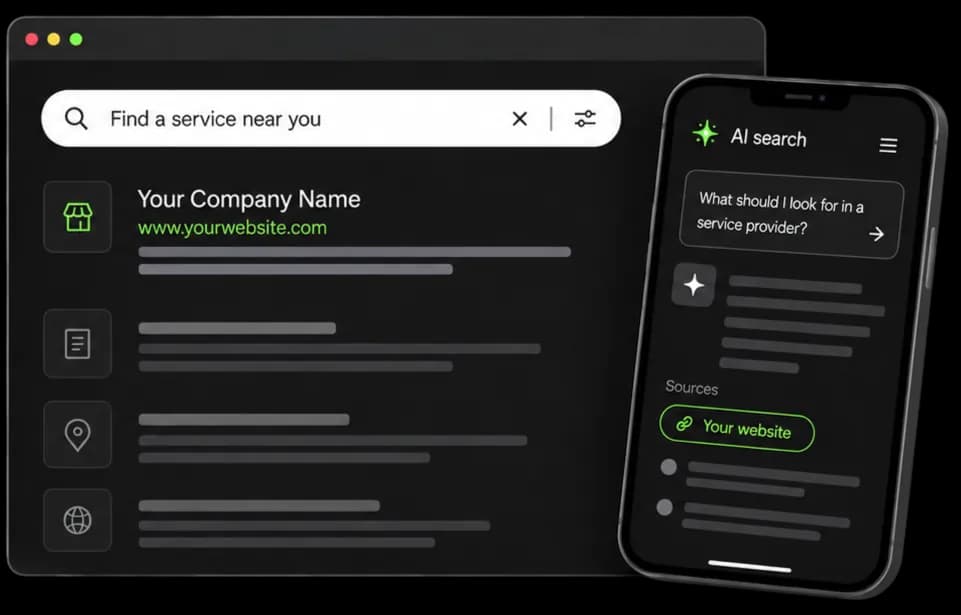 Search results on a browser and an AI search conversation on a phone