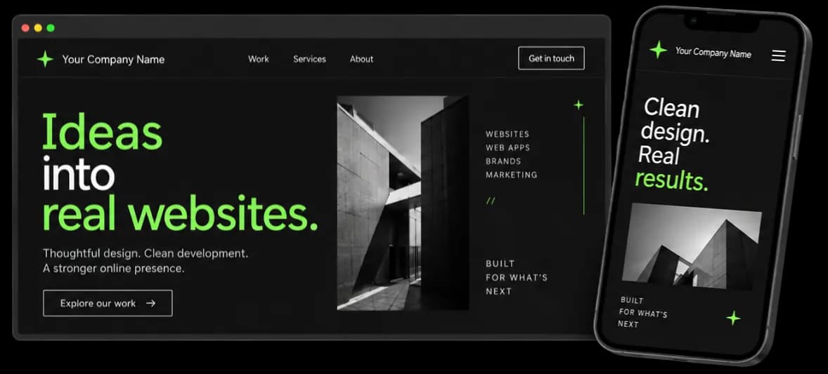 Browser and phone mockup of a company website